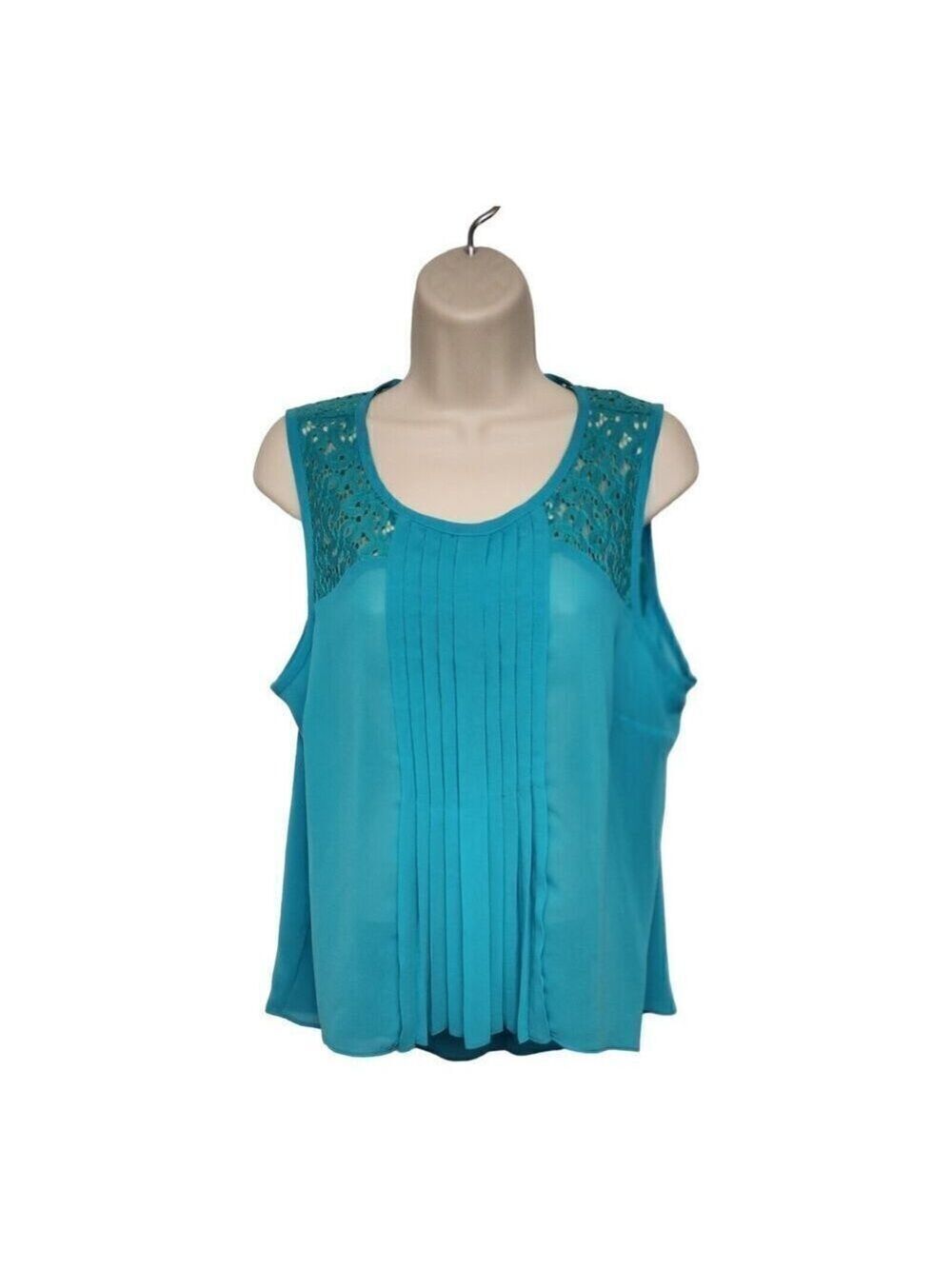 Nicole By Nicole Miller Pleated Lace Accent Teal Round Neck Sleeveless Top Large